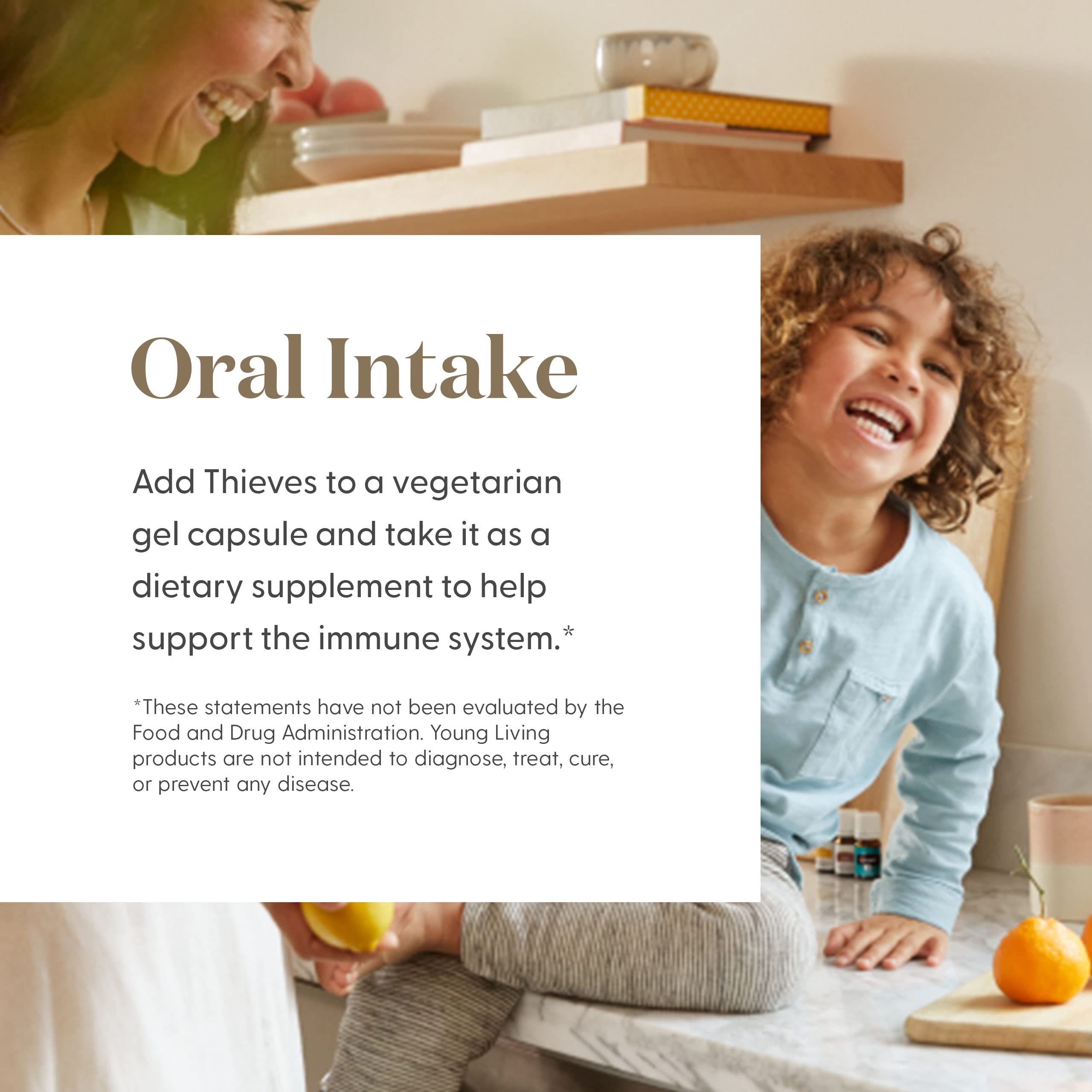 Young Living Thieves Vitality, profil épicé, pour une atmosphère chaleureuse pendant l'aromathérapie.