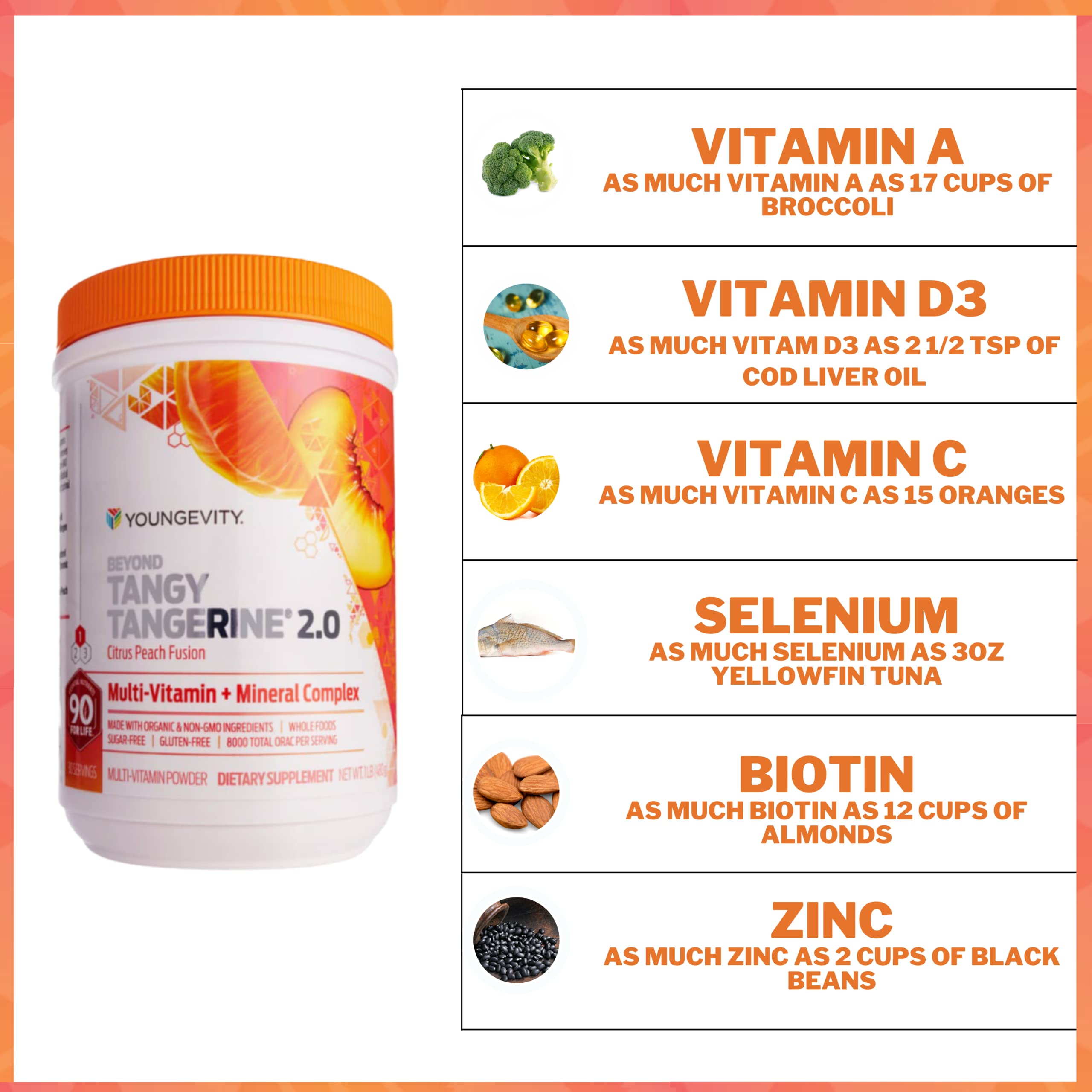 Youngevity Beyond Tangy Tangerine 2.0 Tableau Nutritionnel met en évidence les nutriments.