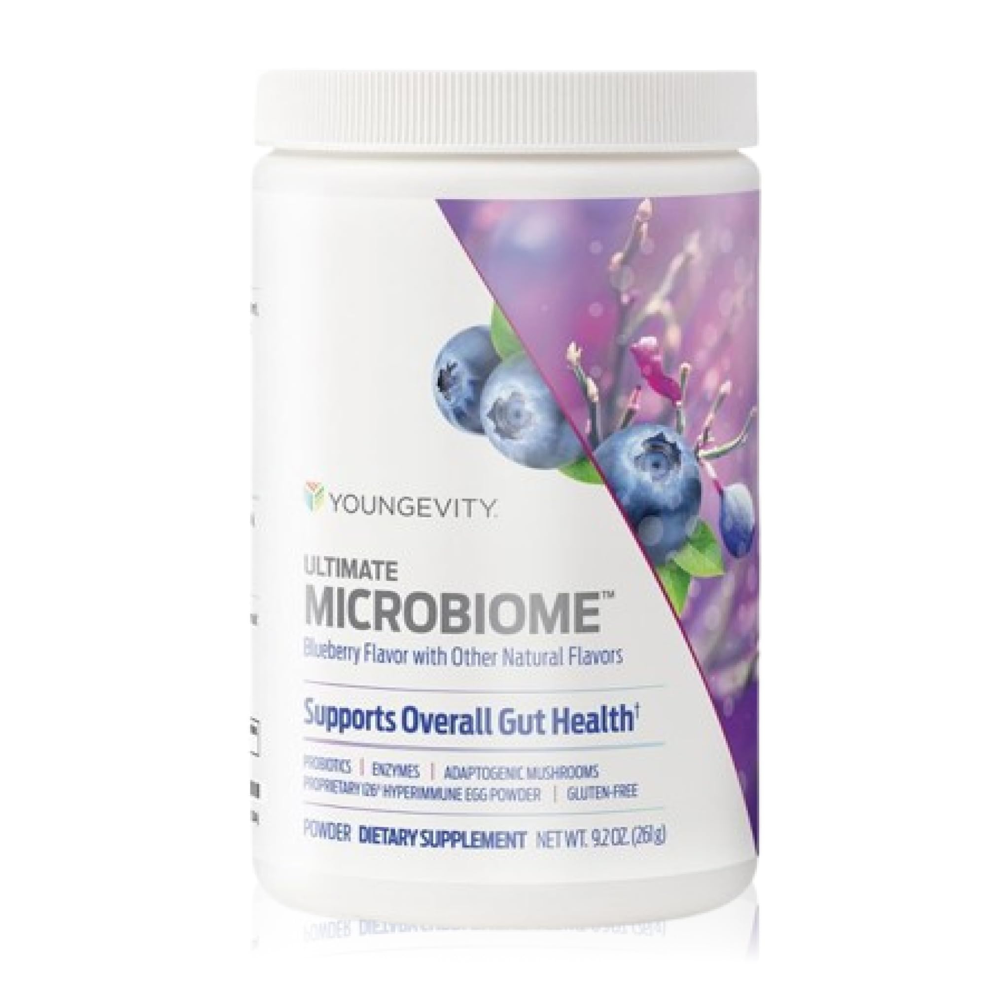 Gélules Youngevity Ultimate Microbiome dans une bouteille ouverte, soutien digestif potentiel.