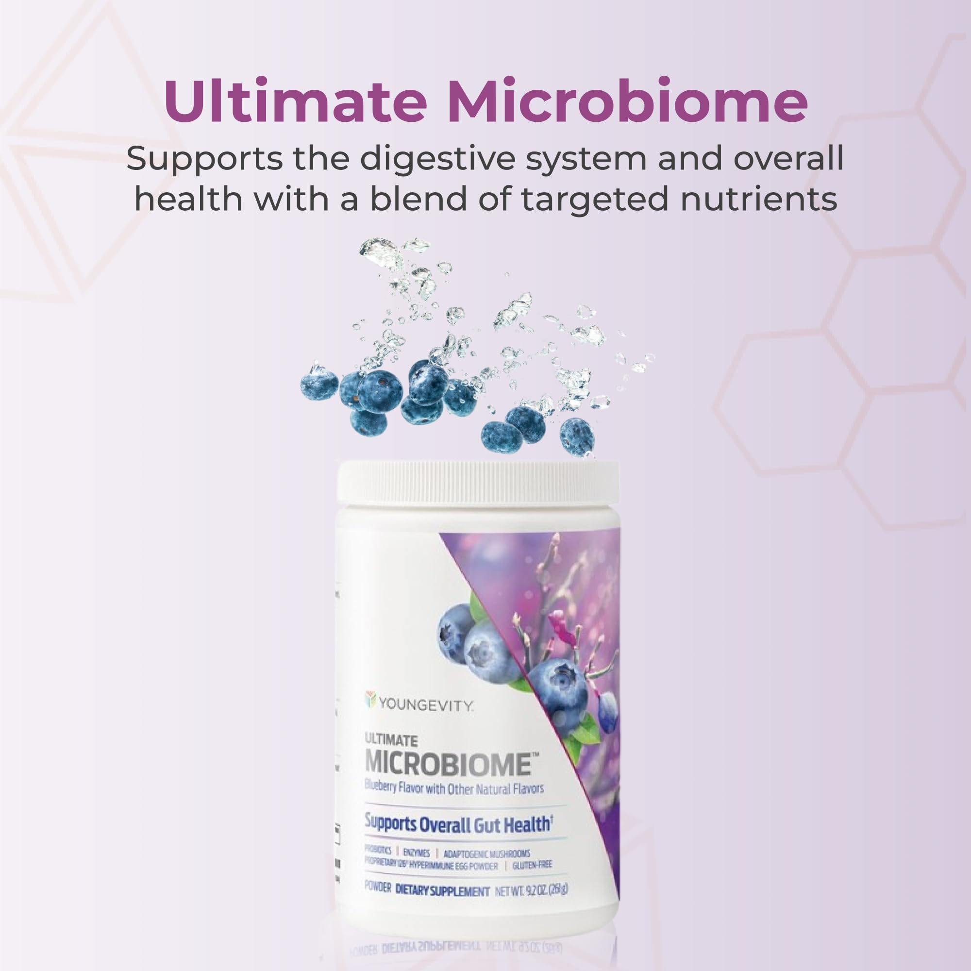 Capsules Youngevity Ultimate Microbiome alignées sur fond neutre, facilité d'utilisation.