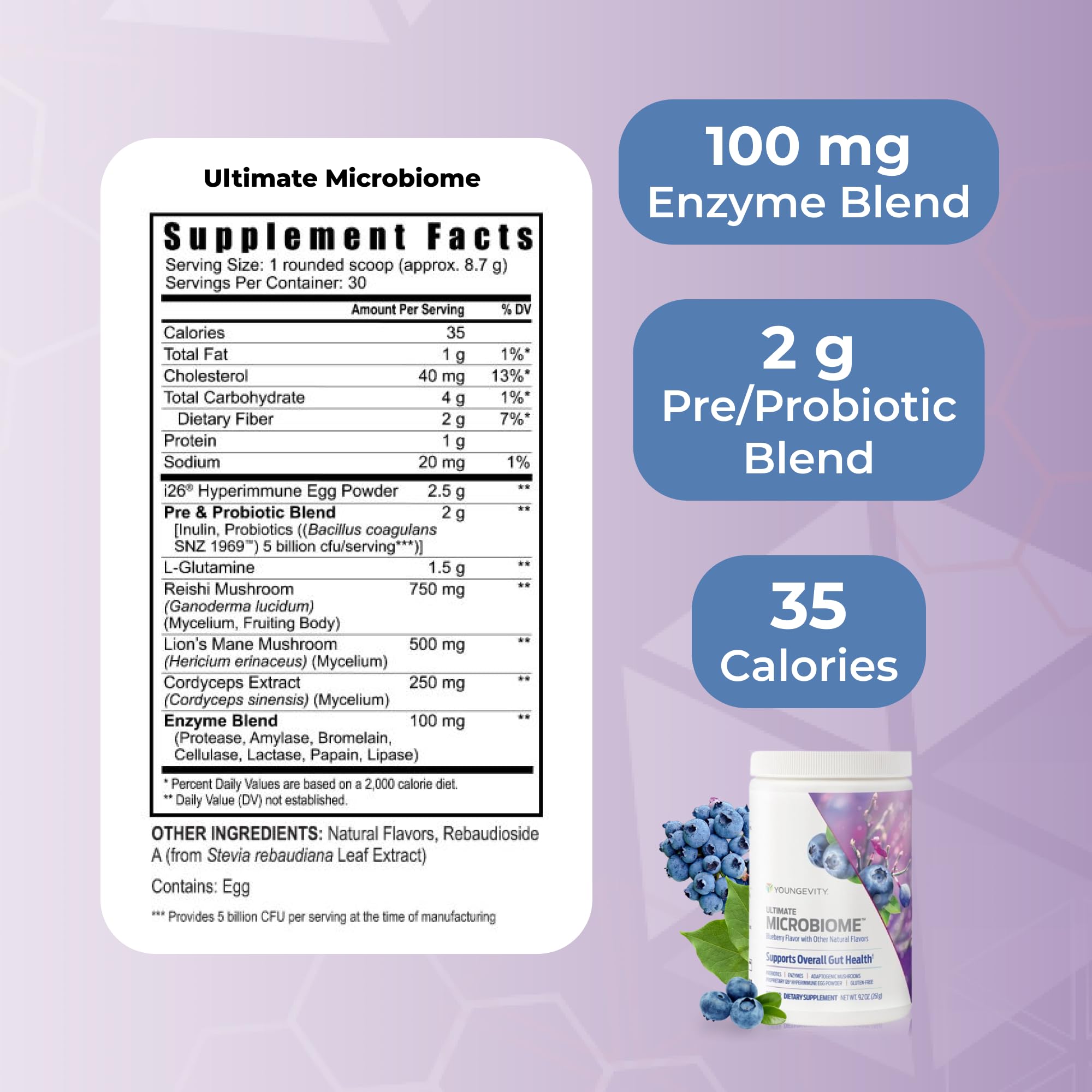 Étiquette d'emballage Youngevity Ultimate Microbiome présentant les bénéfices et ingrédients.
