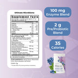 Étiquette d'emballage Youngevity Ultimate Microbiome présentant les bénéfices et ingrédients.