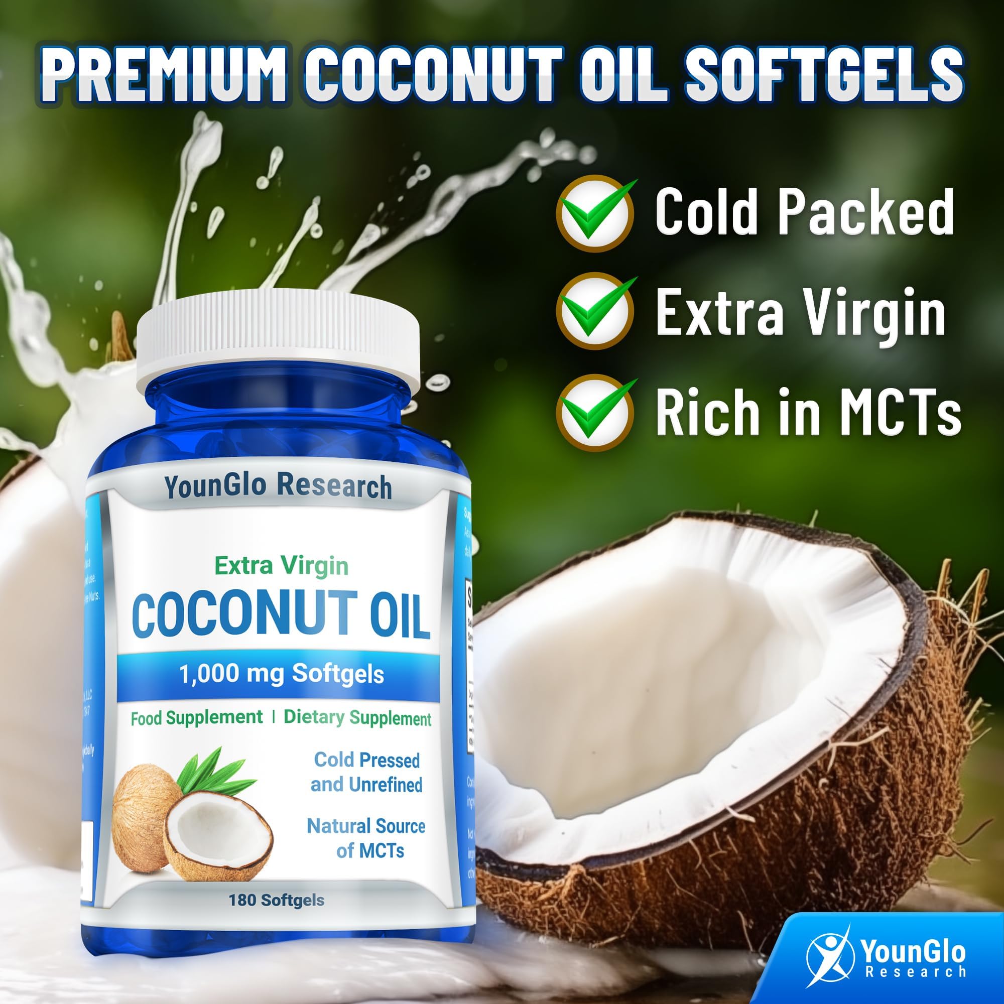 Capsules d'huile de coco YounGlo Research, simplicité pour un régime keto et beauté.