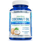 Bouteille d'huile de coco YounGlo Research, parfum doux pour cheveux et peau.