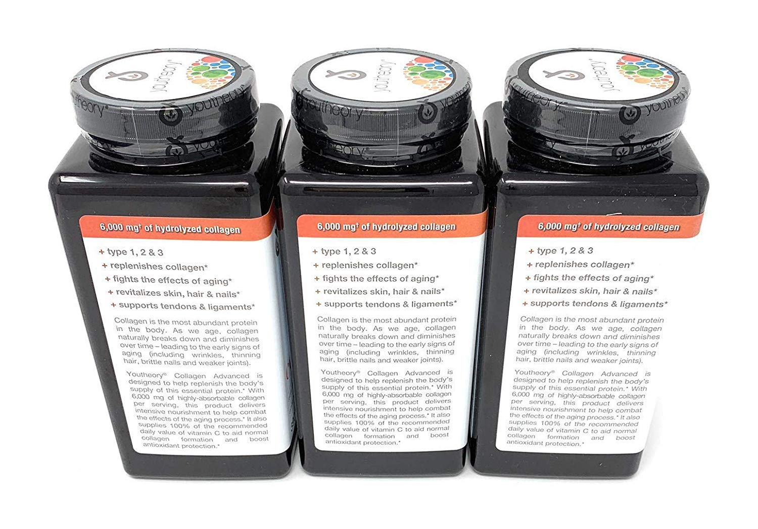 Emballage triple-pack Youtheory Collagène Avancé, pratique pour une routine quotidienne.