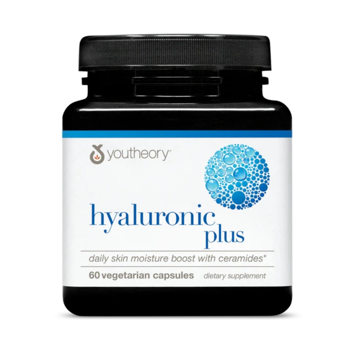 Flacon Youtheory Hyaluronic Plus et étiquette; hydratation quotidienne pour la peau.