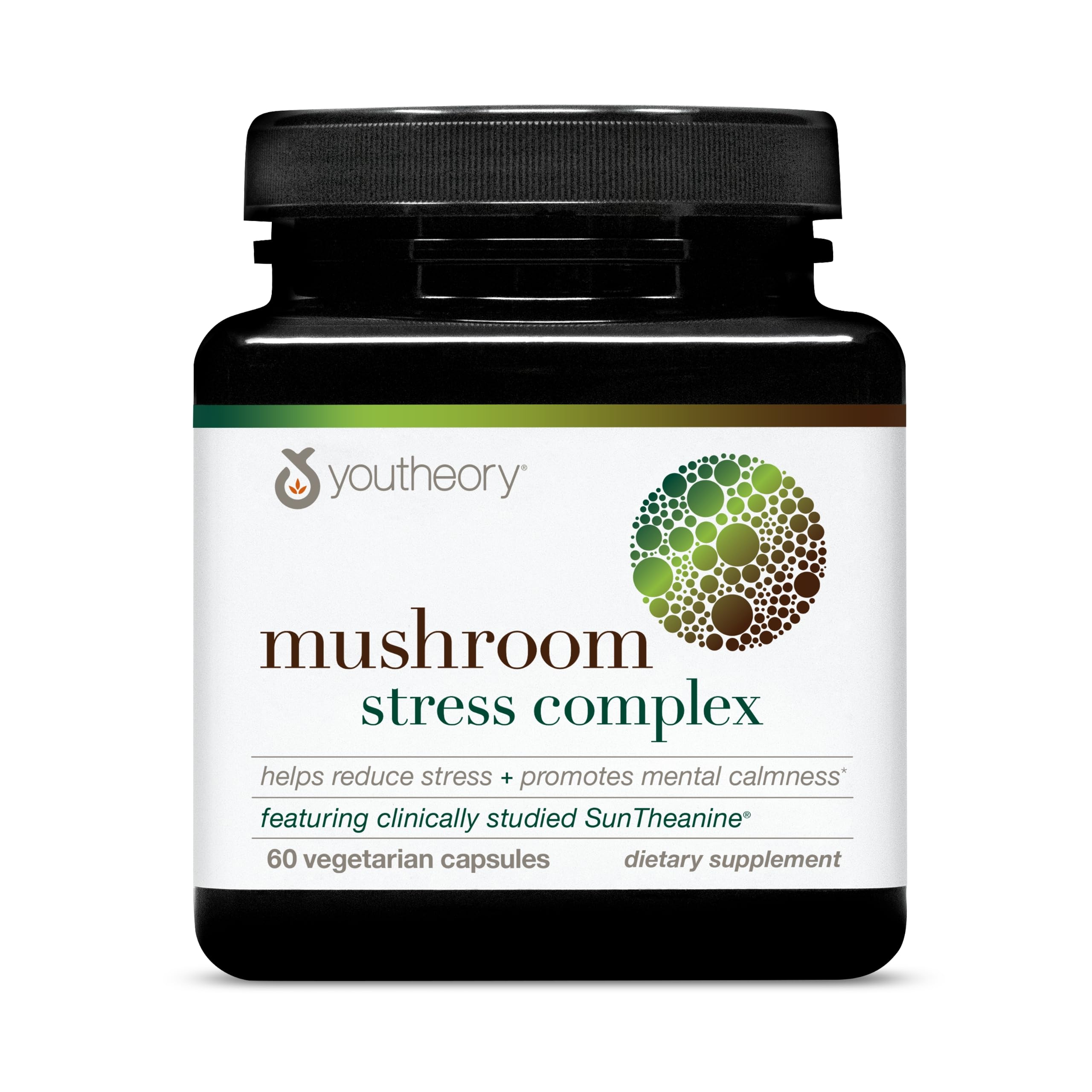 Youtheory Mushroom Stress Complex — bouteille: soutien potentiel à la clarté mentale et au calme.