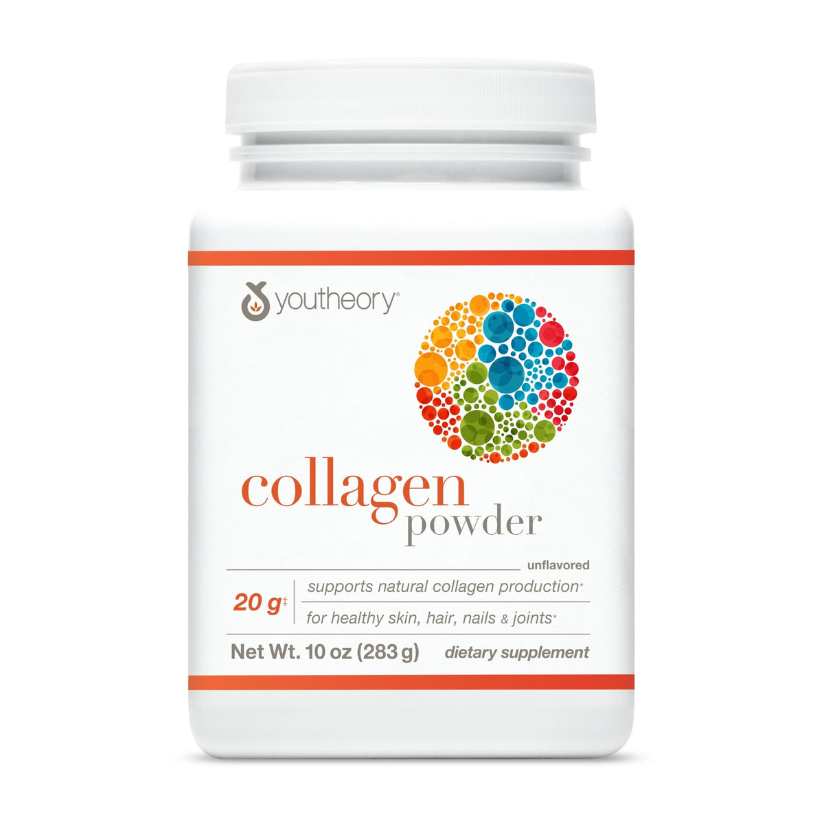 Poudre de collagène hydrolysée Youtheory en bouteille, usage quotidien recommandé.