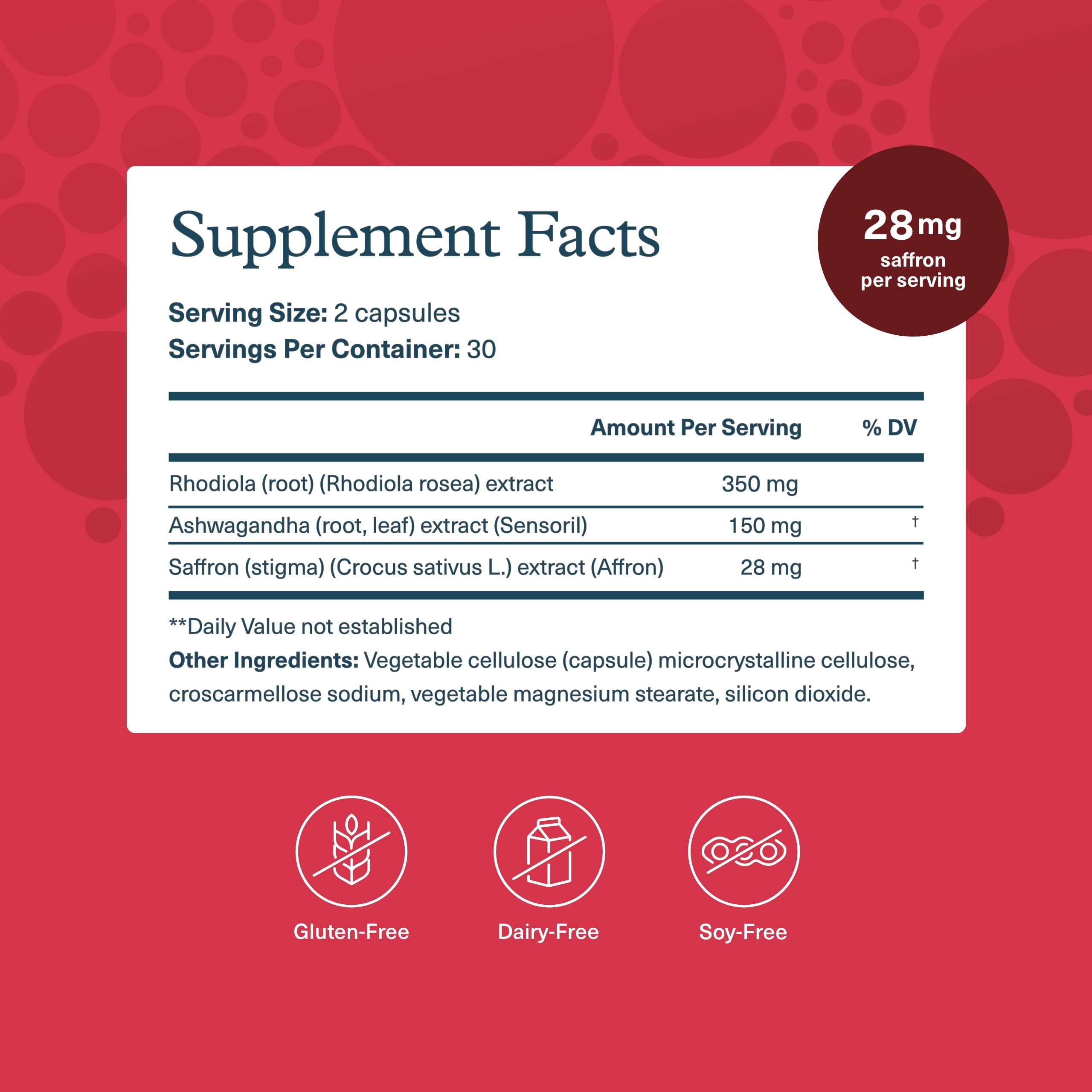 Ingrédients Youtheory Saffran: Ashwagandha et Rhodiola pour un équilibre potentiellement soutenu.