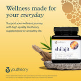 Étiquette détaillée Youtheory Shilajit, transparence et traçabilité.