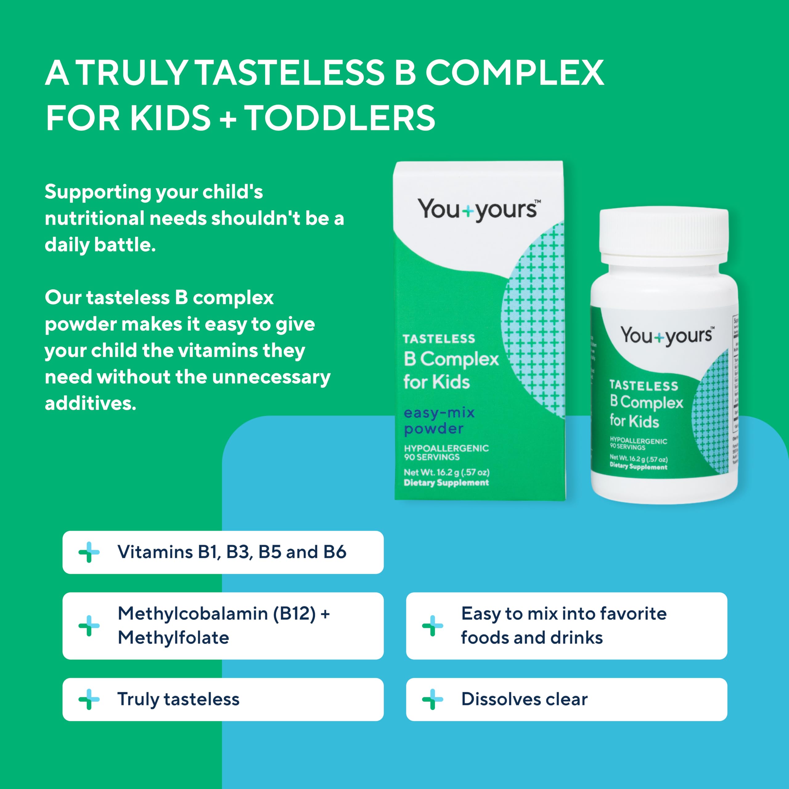 You+yours Poudre B Complex Enfant contient méthylb12 et méthylfolate pour absorption