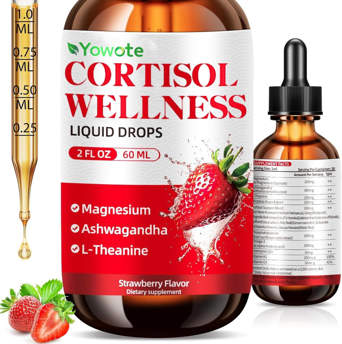 Gouttes cortisol YOWOTE dans flacon, équilibre quotidien naturel.