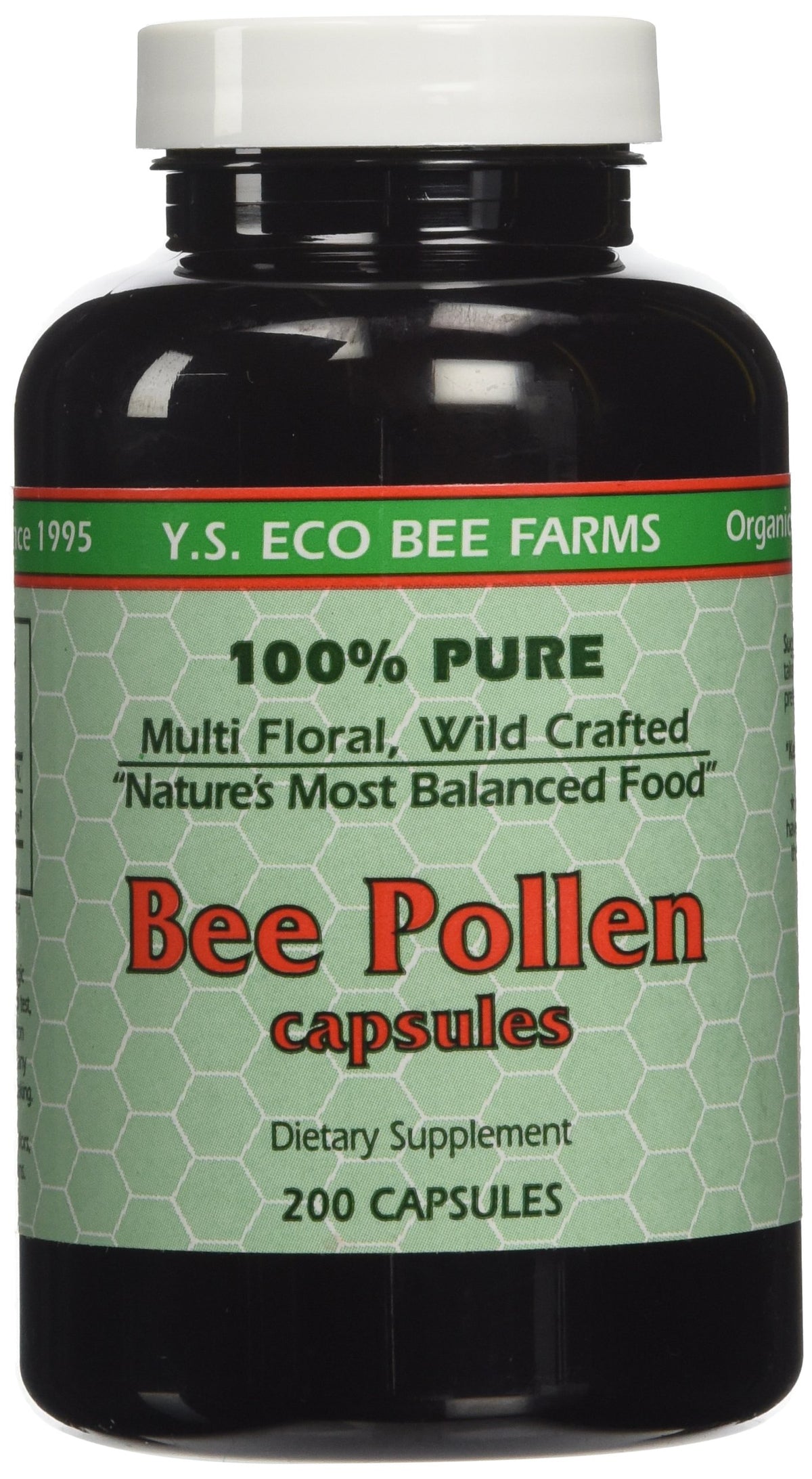 Pollen d’abeille YS ECO Bee Farms, bouteille 1000 mg, soutien nutritionnel potentiel.