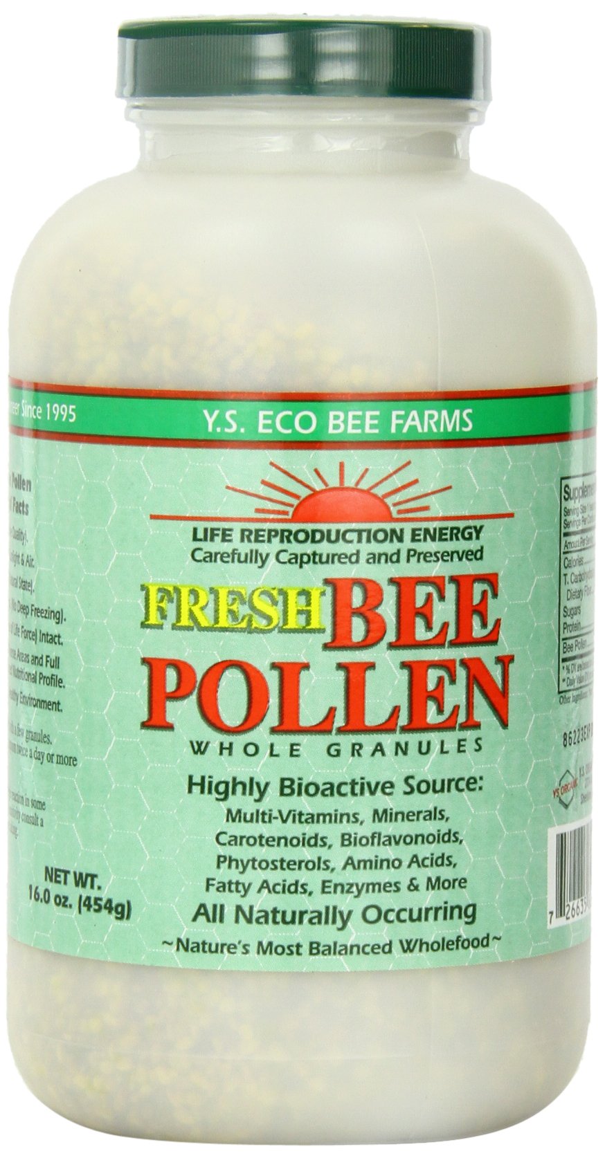 Pollen granulés YS Eco Bee Farms en bocal 16 oz, énergie naturelle possible.