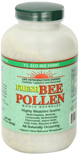 Pollen granulés YS Eco Bee Farms dans smoothie pour un coup d’énergie naturel.
