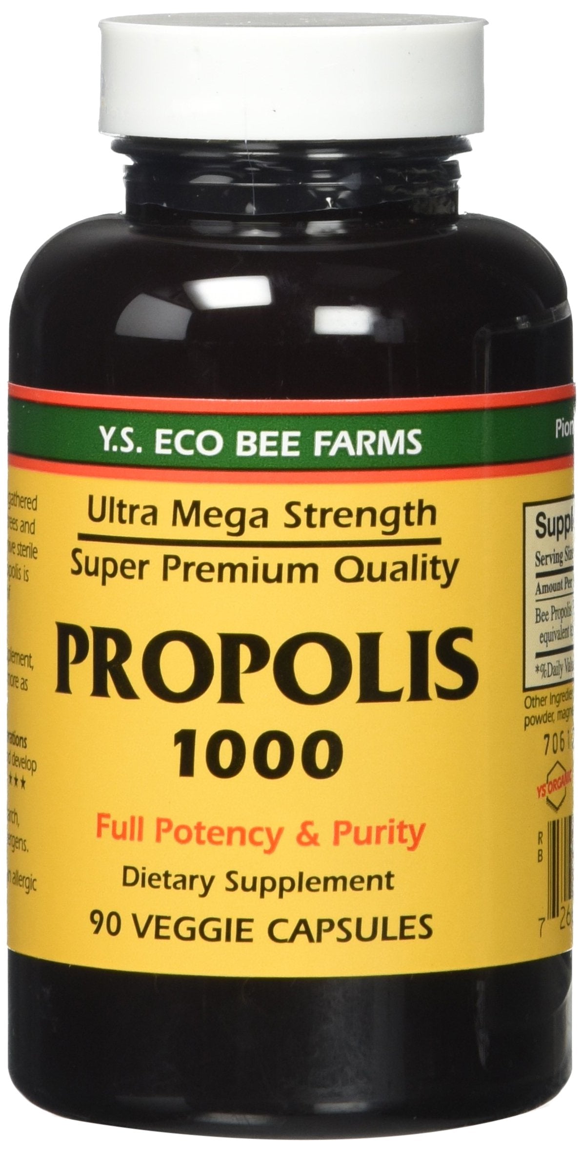 YS Eco Bee Farms Propolis brut 1000 mg en bouteille, idéal pour une routine bien-être quotidienne.