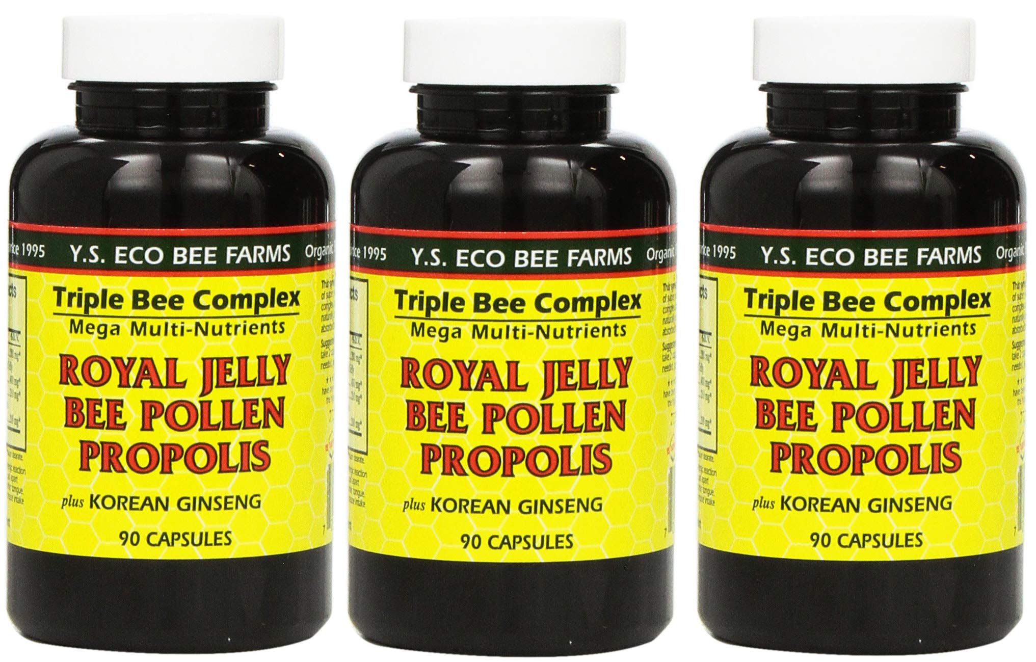 YS Eco Bee Farms, capsules du complexe triple abeilles, soutien potentiel énergie quotidienne.
