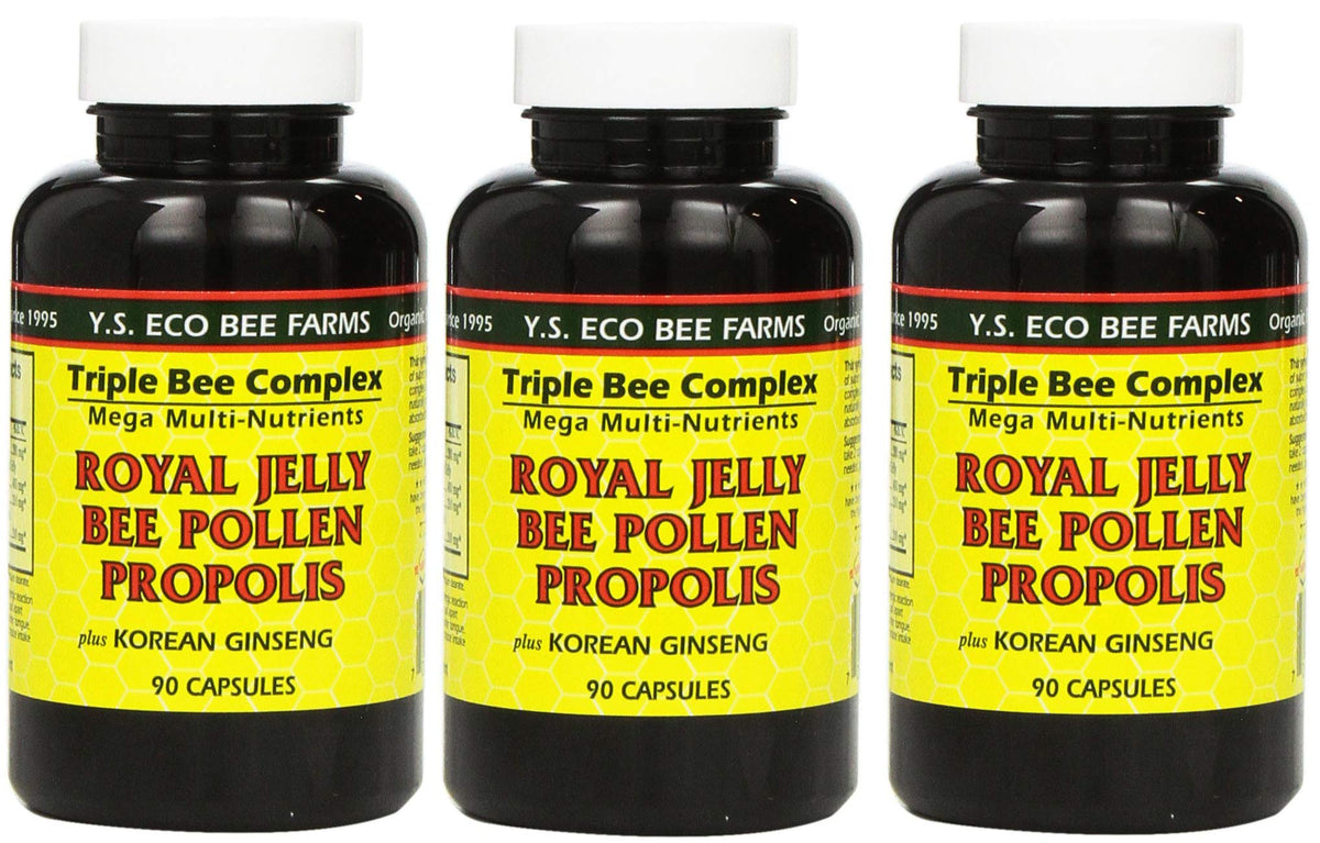 YS Eco Bee Farms, capsules du complexe triple abeilles, soutien potentiel énergie quotidienne.