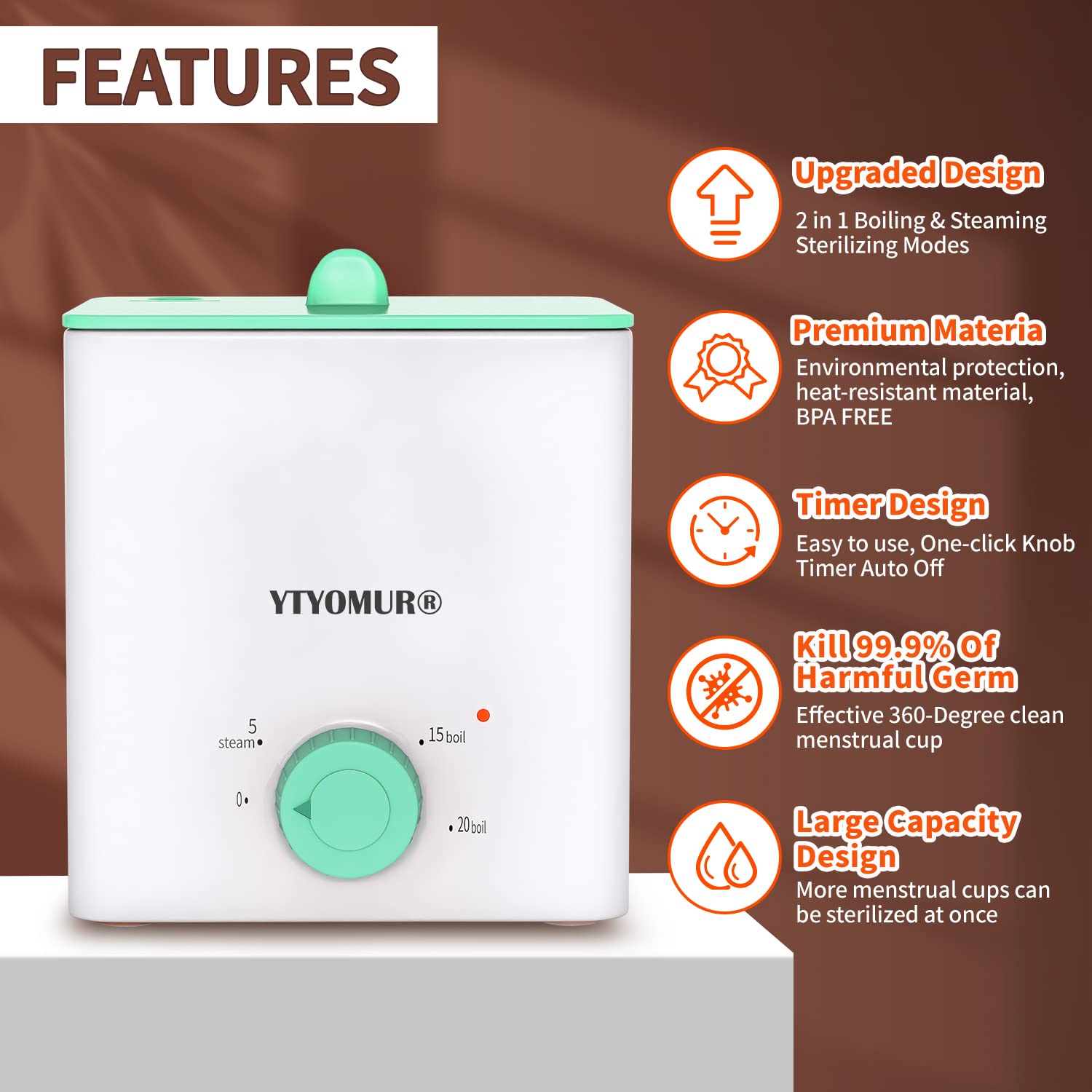 Stérilisateur YTYOMUR sans BPA, matériaux durables et sûrs.