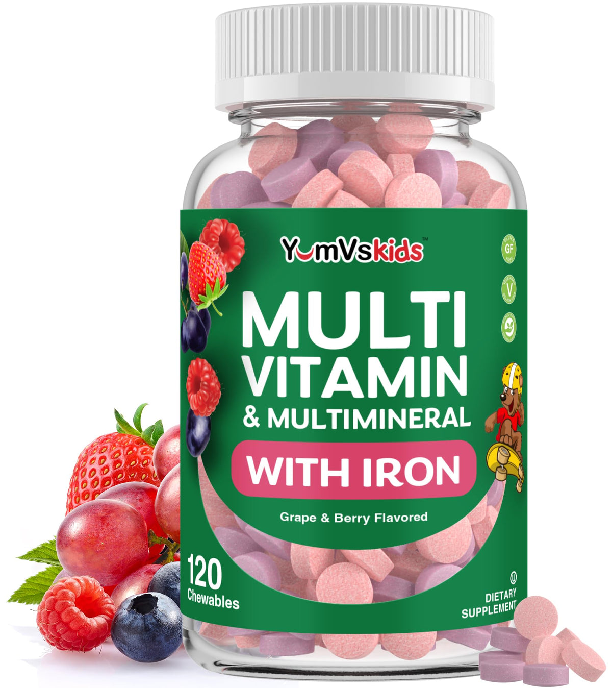 YUM-V'S bouteille de multivitamines pour enfants, soutien immunitaire et énergie au quotidien.