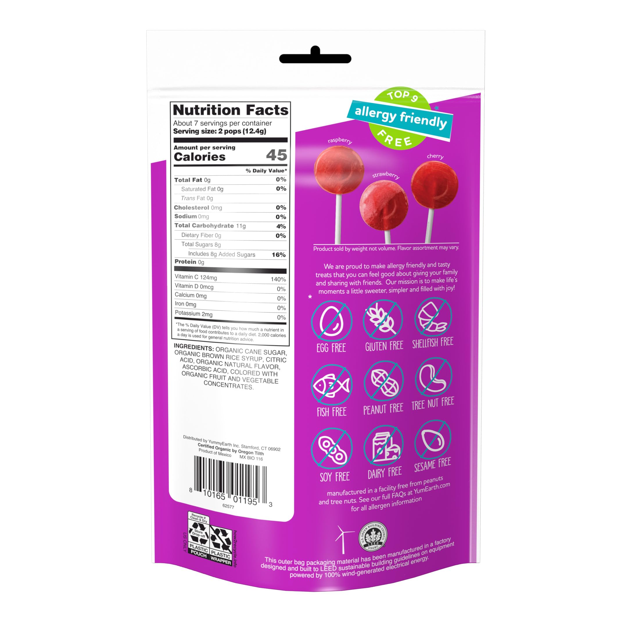 Gros plan sur les sucettes YumEarth Vitamine-C Pops, sans colorants.