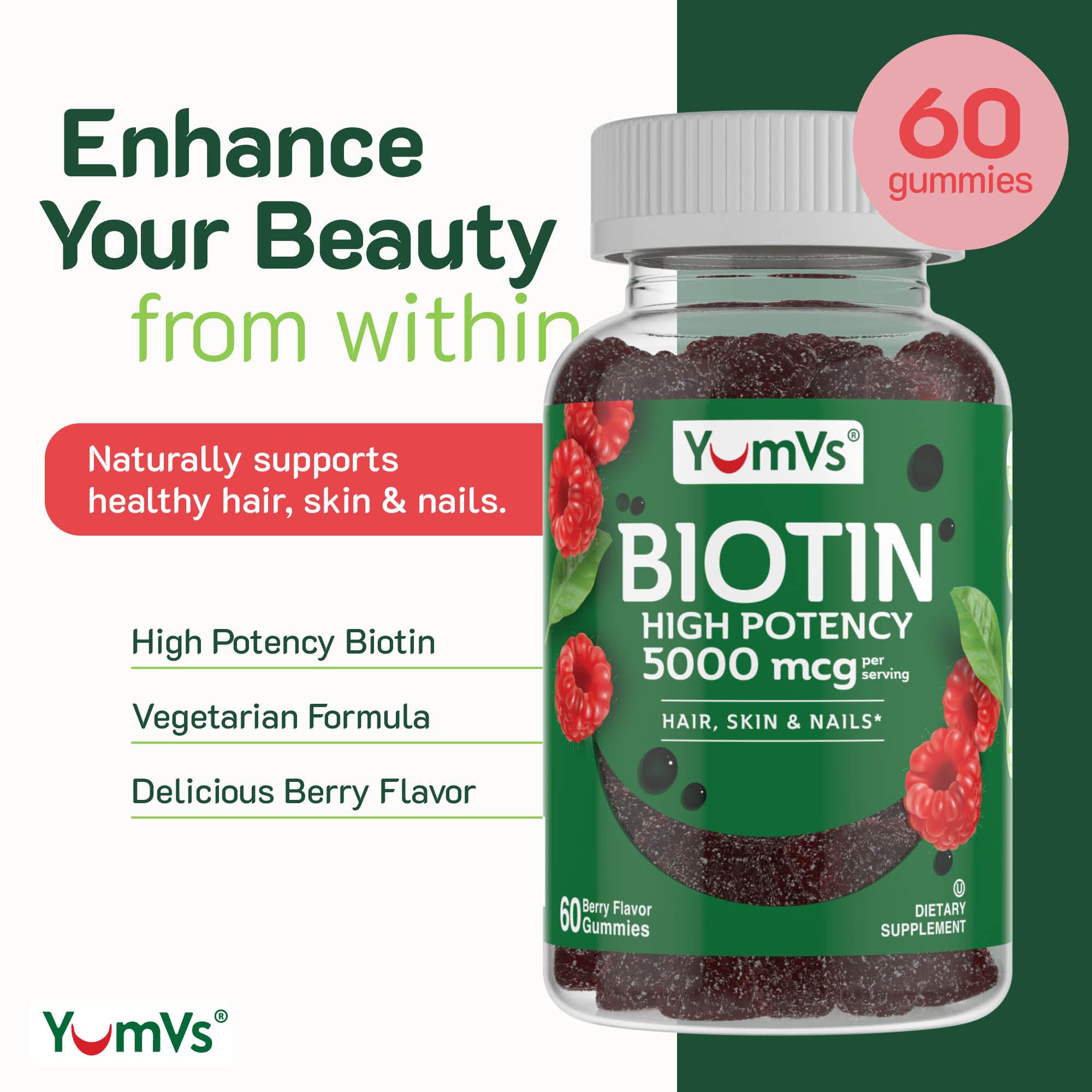 Gommes YumVs Biotine, gommes framboise en ensemble, goût agréable et routine facile