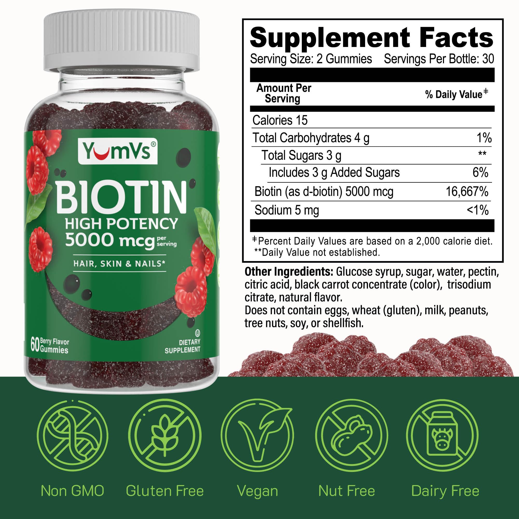 Rangée de gommes YumVs Biotine, prise quotidienne framboise