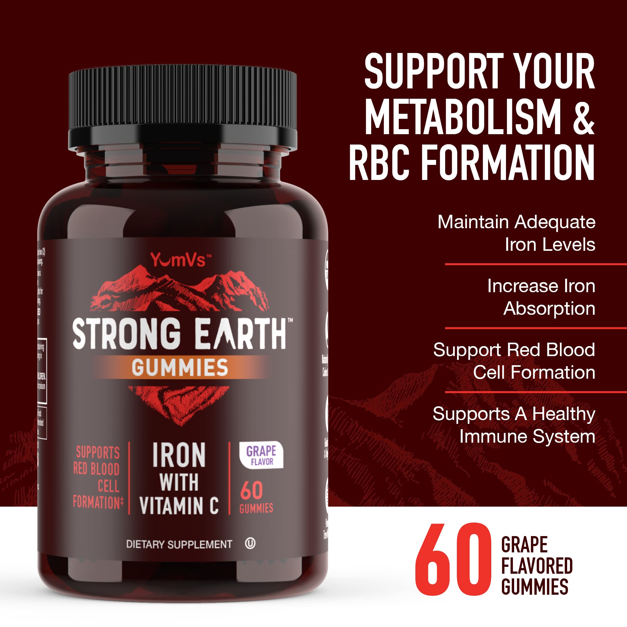 Étiquette YUM-V'S Strong Earth avec fer et vitamine C pour absorption potentielle.