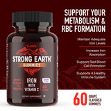 Étiquette YUM-V'S Strong Earth avec fer et vitamine C pour absorption potentielle.