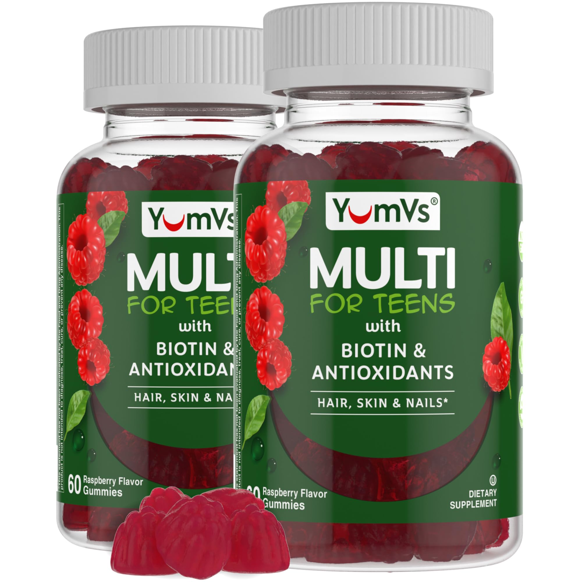 Gummies Yum-V'S Teen framboise dans la bouteille, soutien cheveux et peau.