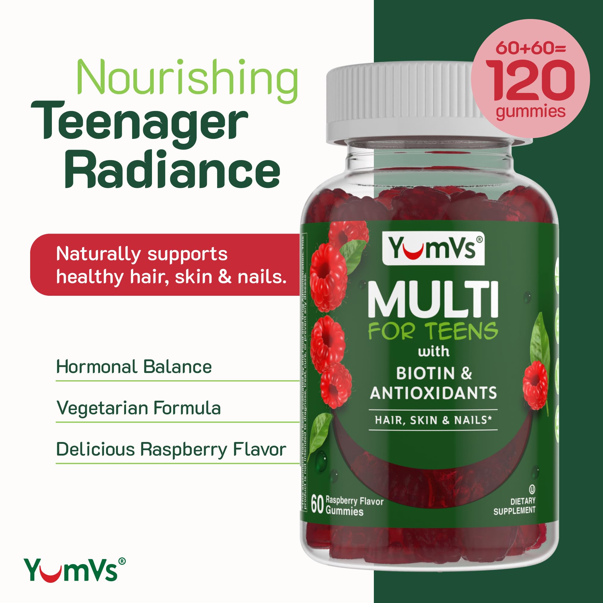Gummies Yum-V'S Teen framboise gros plan, biotine pour les ongles.