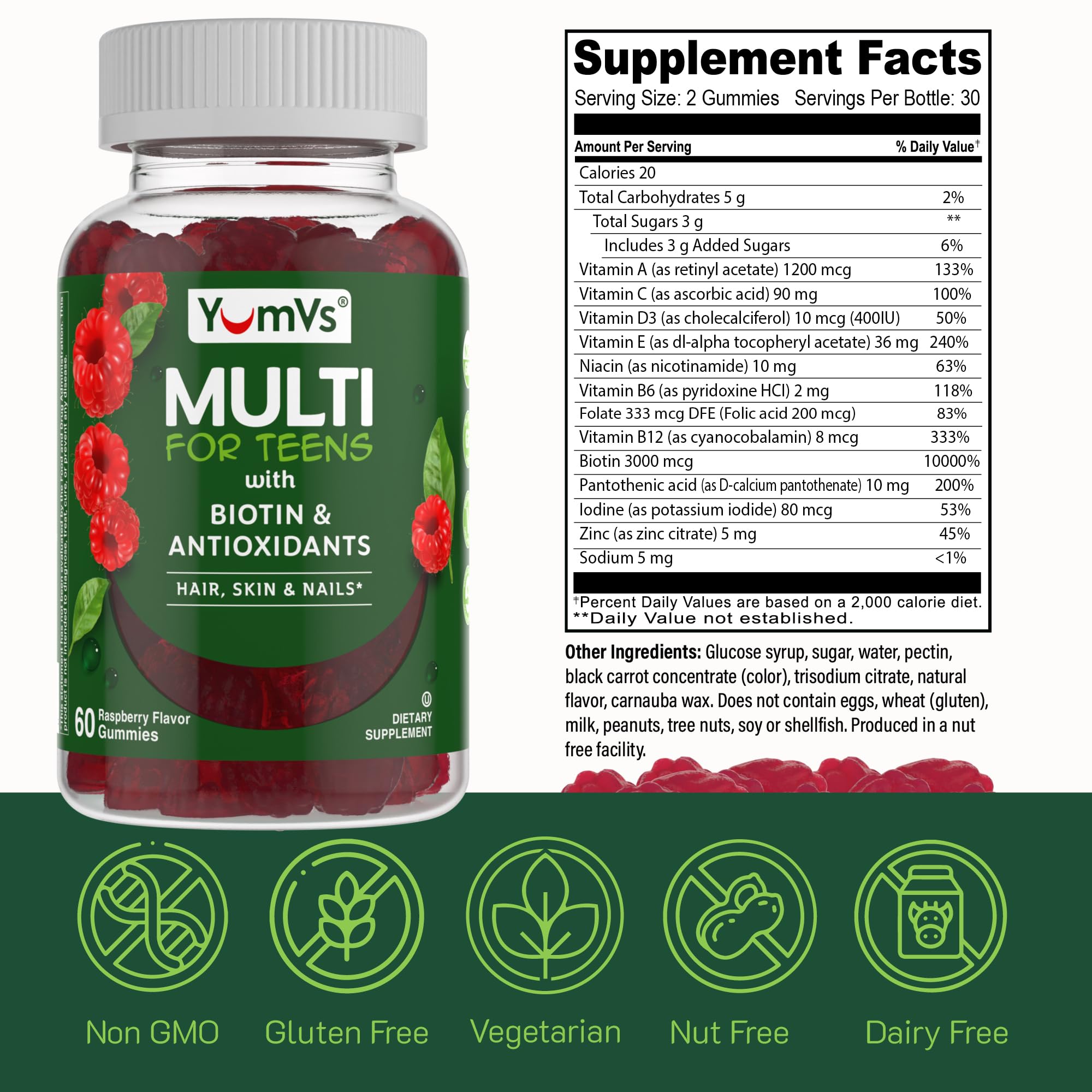 Tableau nutritionnel clair YumVs Teen Multivitamin, aide à planifier l’apport quotidien.