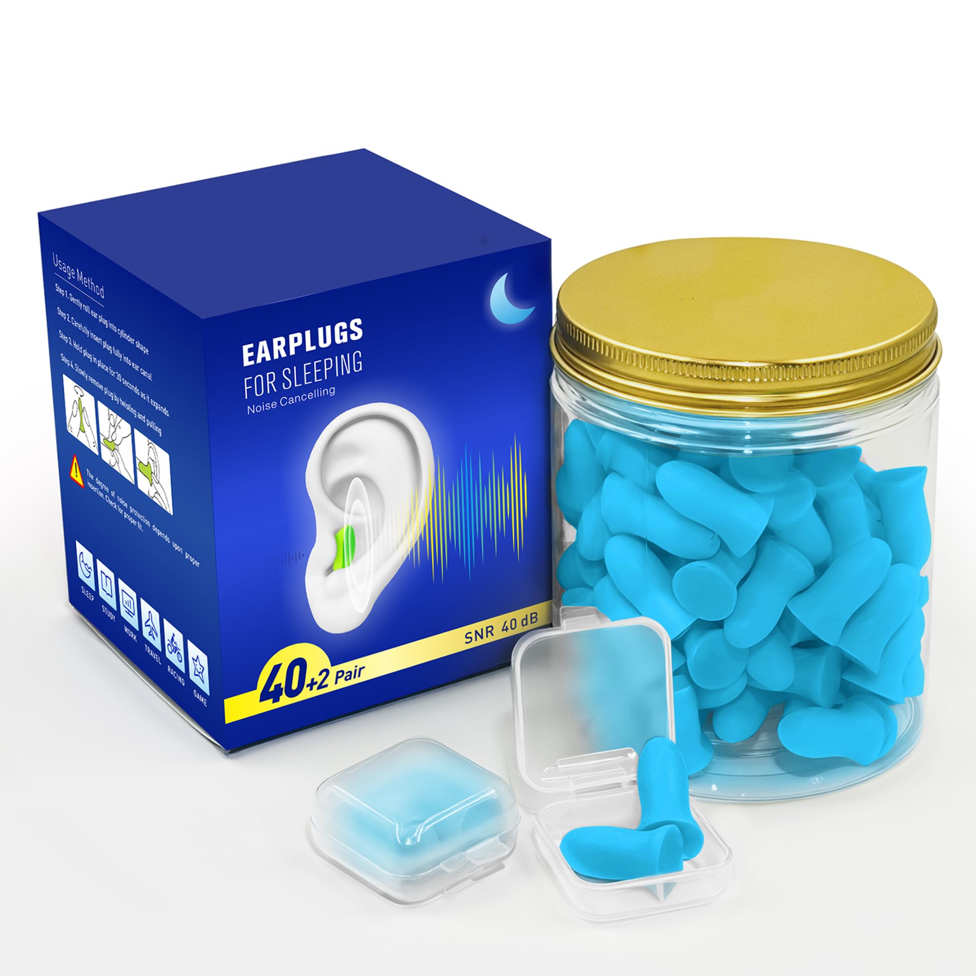 Bouchons d’oreilles Yunaeduo bleu en emballage pour dormir paisiblement.