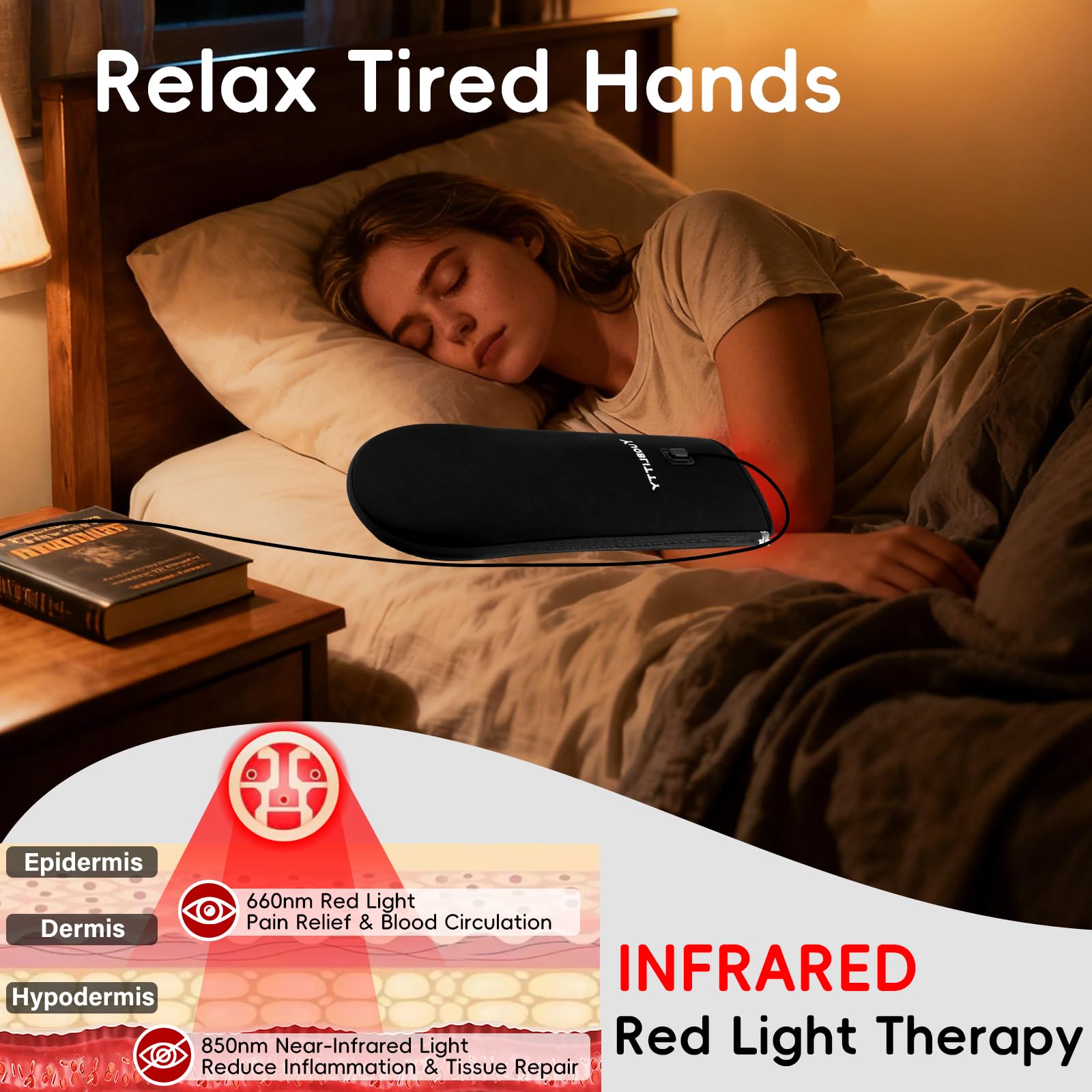 Gants YuQBLITTY Lumière Rouge avec doigts ouvrables facilitant la dextérité pendant le traitement.