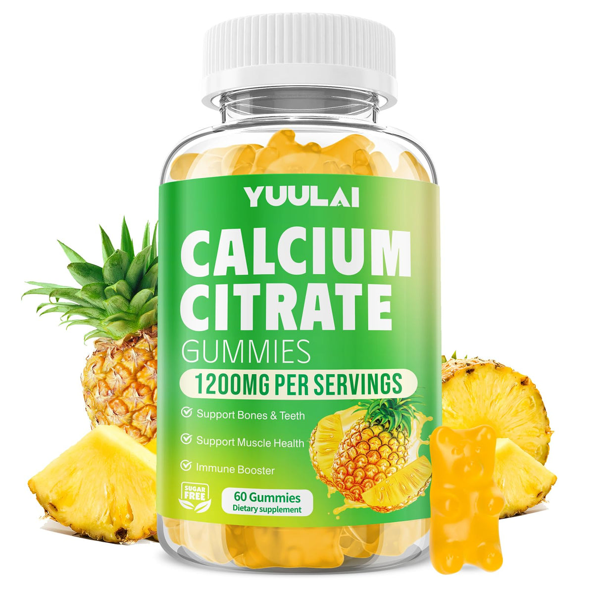 Gommes Calcium Citrate Yuulai en bouteille, facilité d'apport quotidien pour os et muscles.