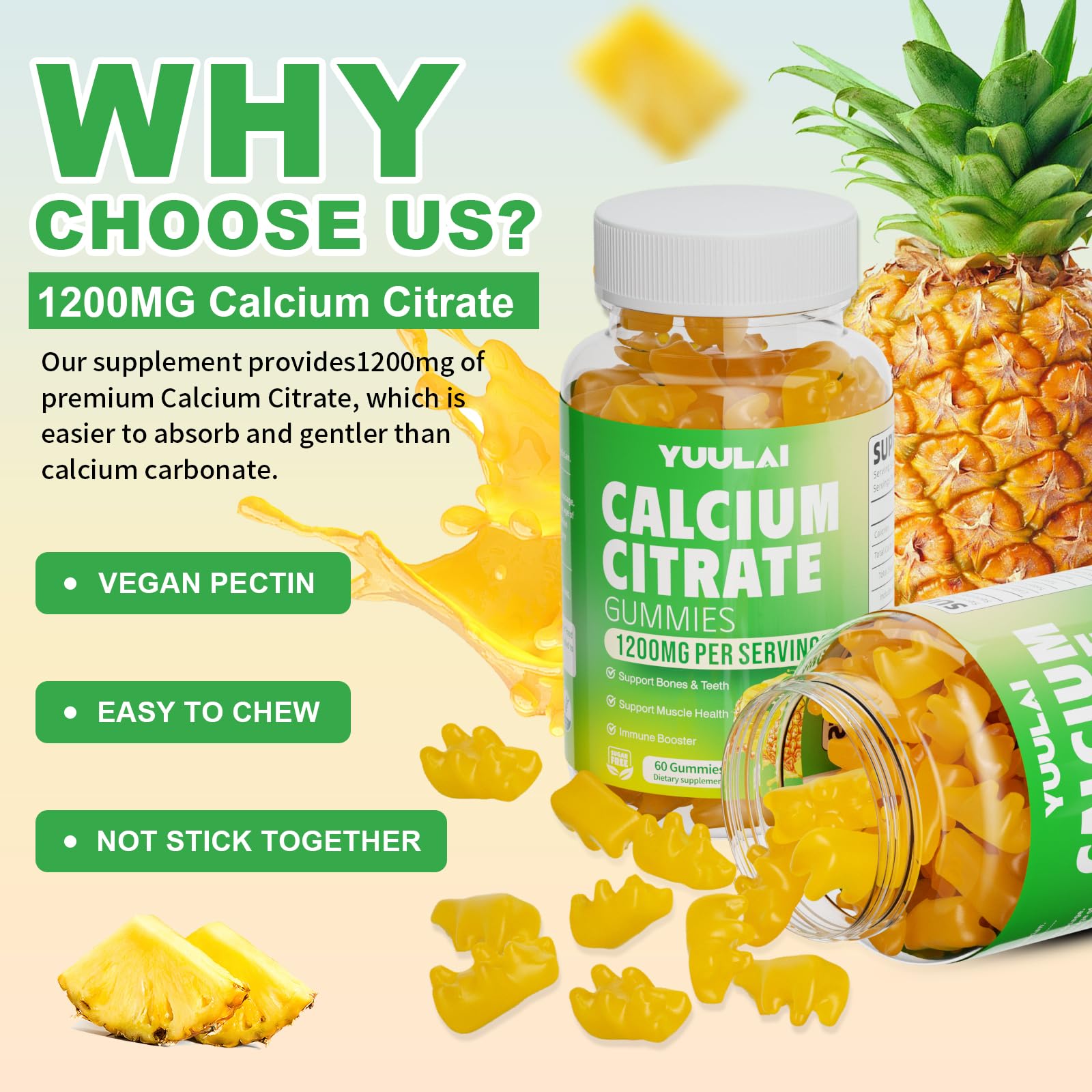 Label non-GMO et tests tiers sur les gommes Yuulai Calcium Citrate.