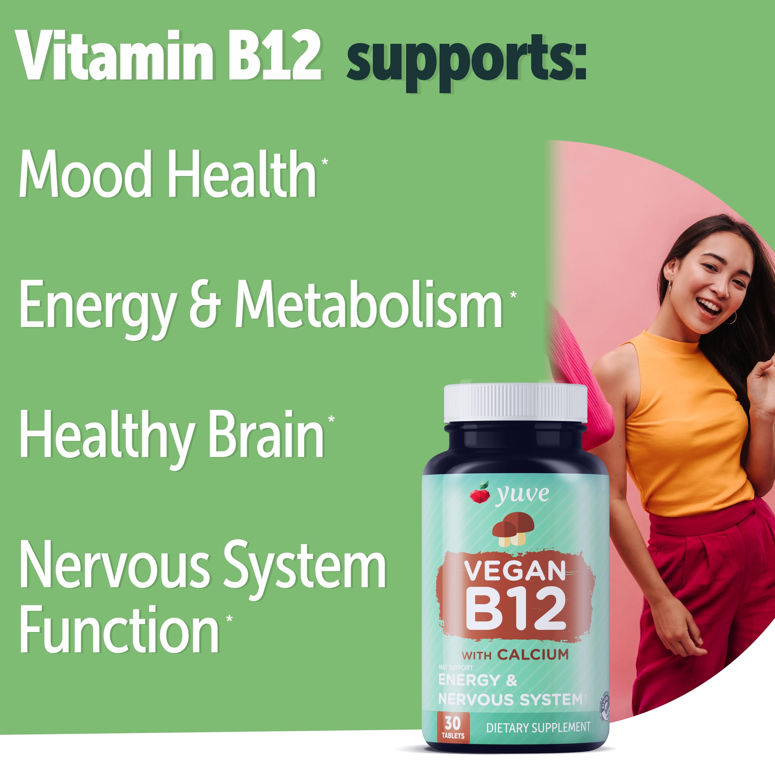 Yuve B12 calcium énergie, comprimés véganes pour soutien potentiel à l'énergie quotidienne.