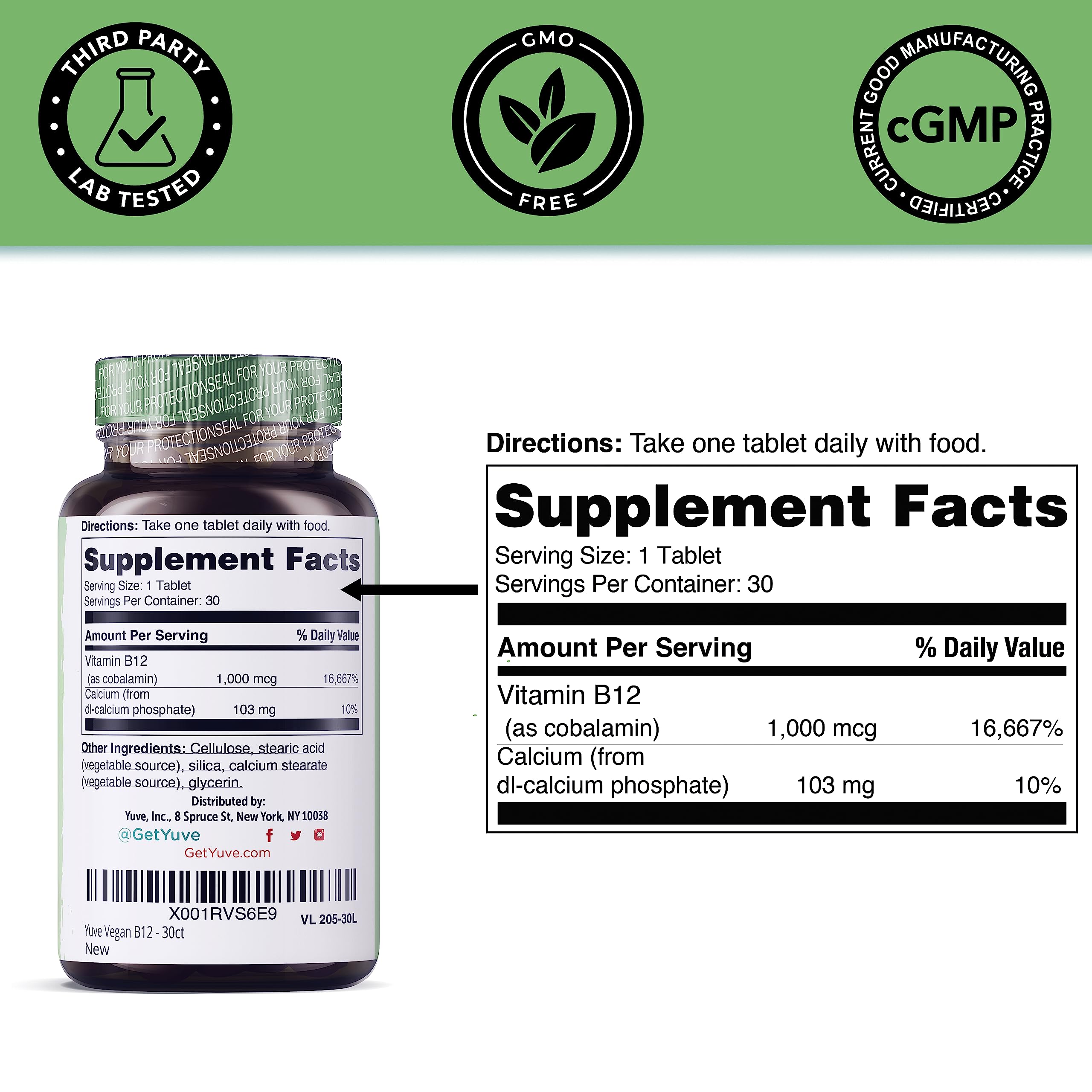 Yuve B12 calcium sans gluten et sans sucre, adapté à divers régimes.