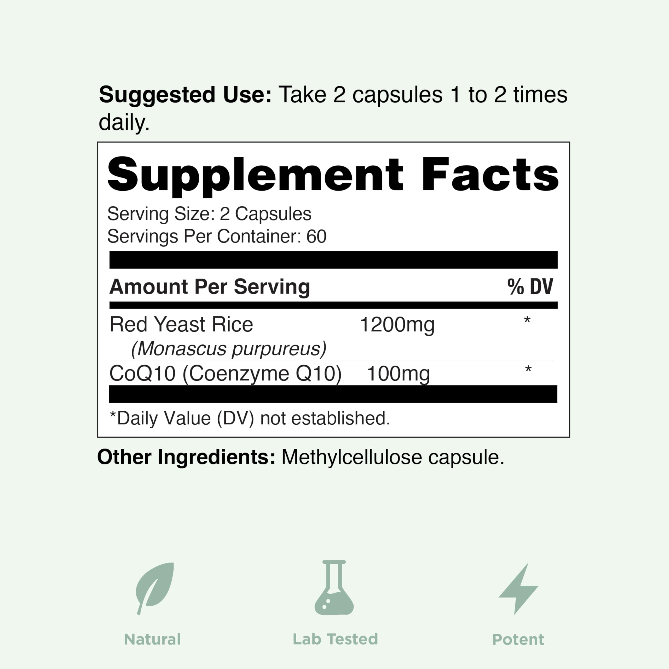 CoQ10 et levure rouge riz, capsules pratiques pour l’usage quotidien.