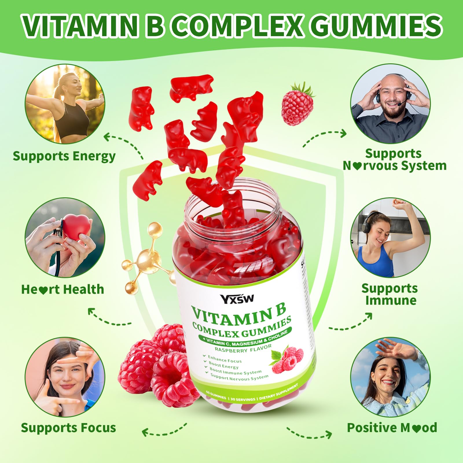 YXSW Complexe B gommes framboise étiquette avec informations nutritionnelles.