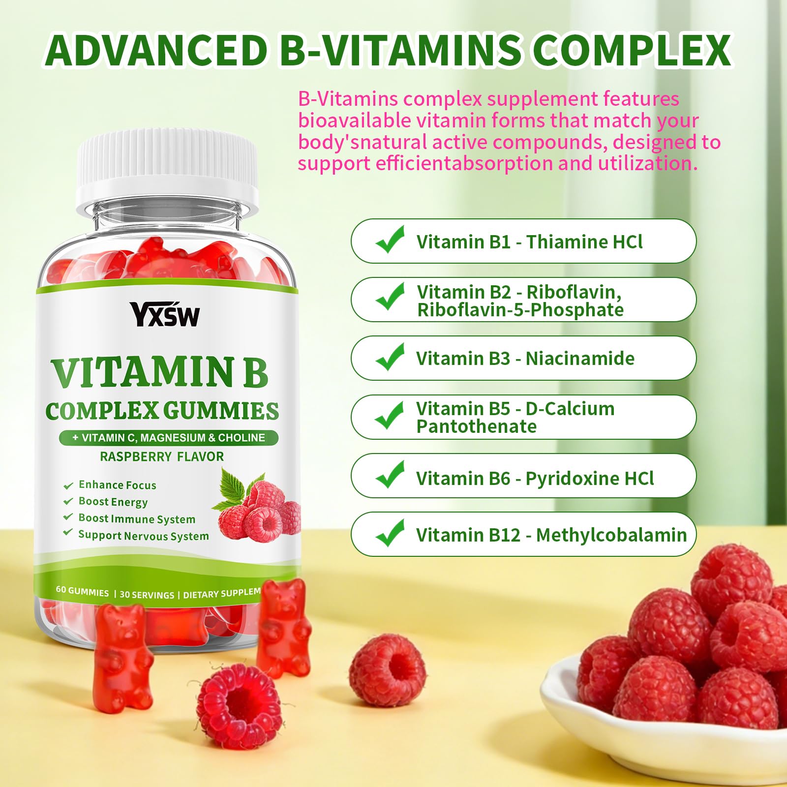 YXSW Complexe B gommes framboise prise quotidienne facile dans la routine.
