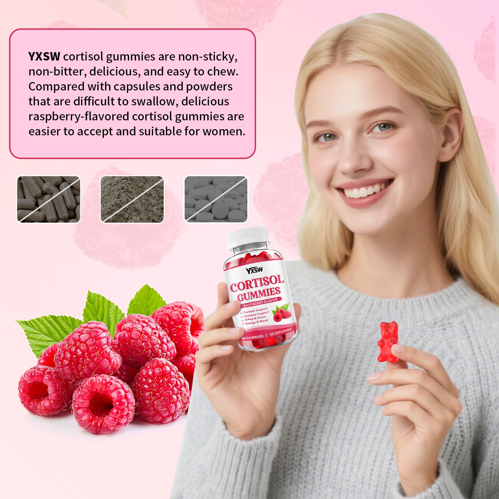 Gommes cortisol framboise YXSW, format pratique facilitant la détente en soirée.