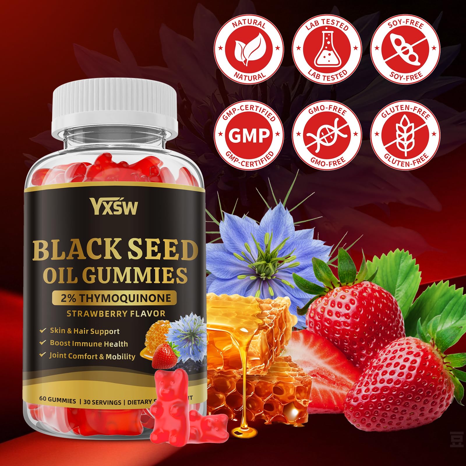 YXSW Gommes ingrédients curcuma et nigelle – soutien potentiel des articulations.