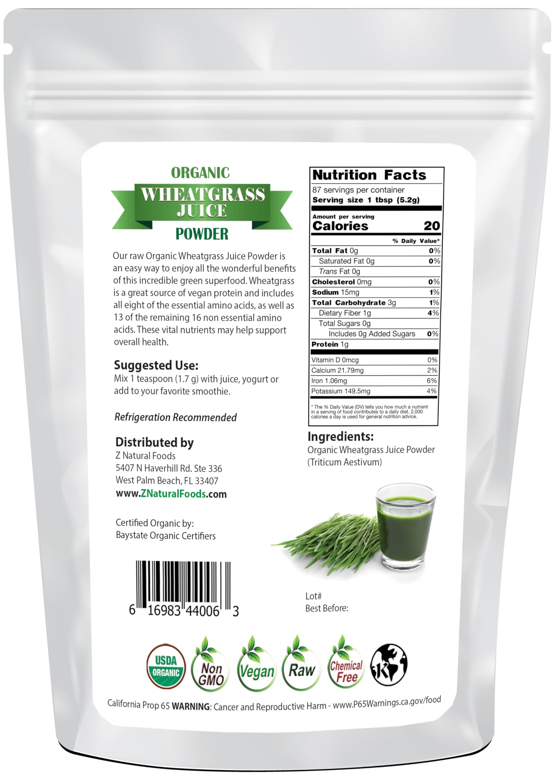Z Natural Foods pot 1-lb poudre ble vert, pratique pour jus et yaourts.