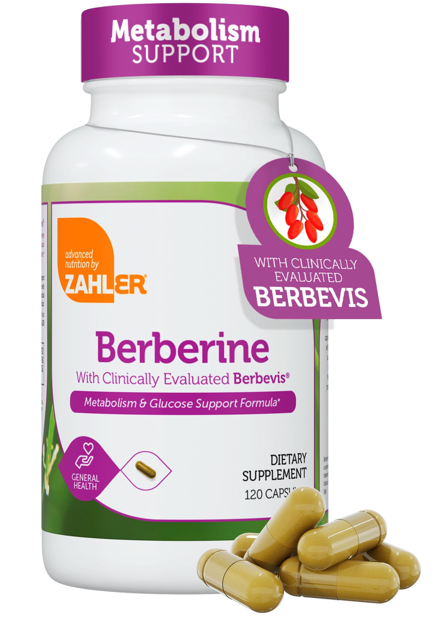 Zahler Berberine: capsules visibles dans la bouteille, soutien potentiel du métabolisme.