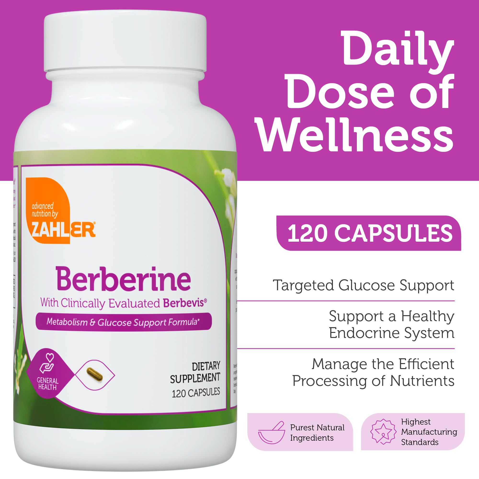 Étiquette Zahler Berberine montrant les informations produit et dosage pour une utilisation éclairée.