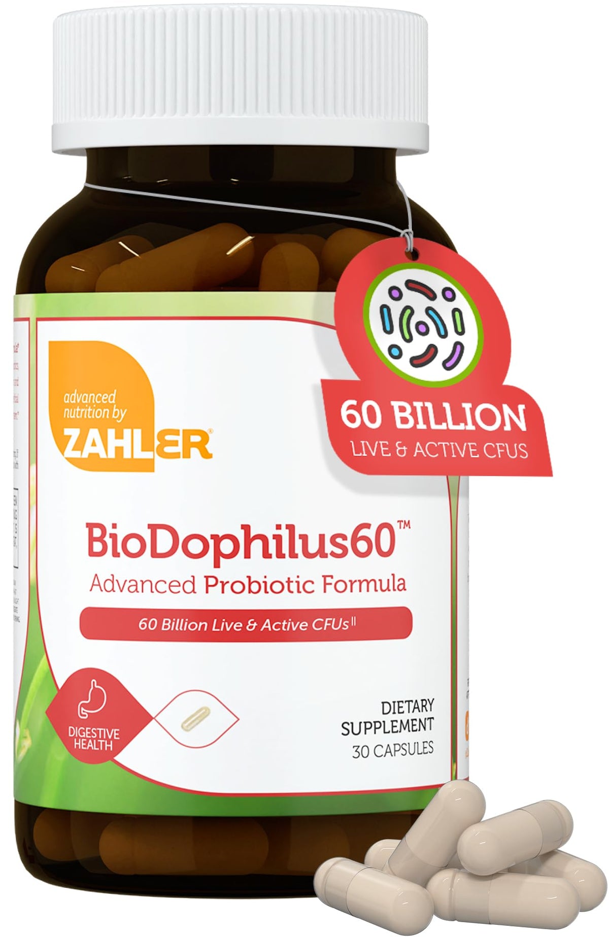 Zahler Biodophilus, bouteille 30 capsules, soutien digestif potentiel au quotidien.