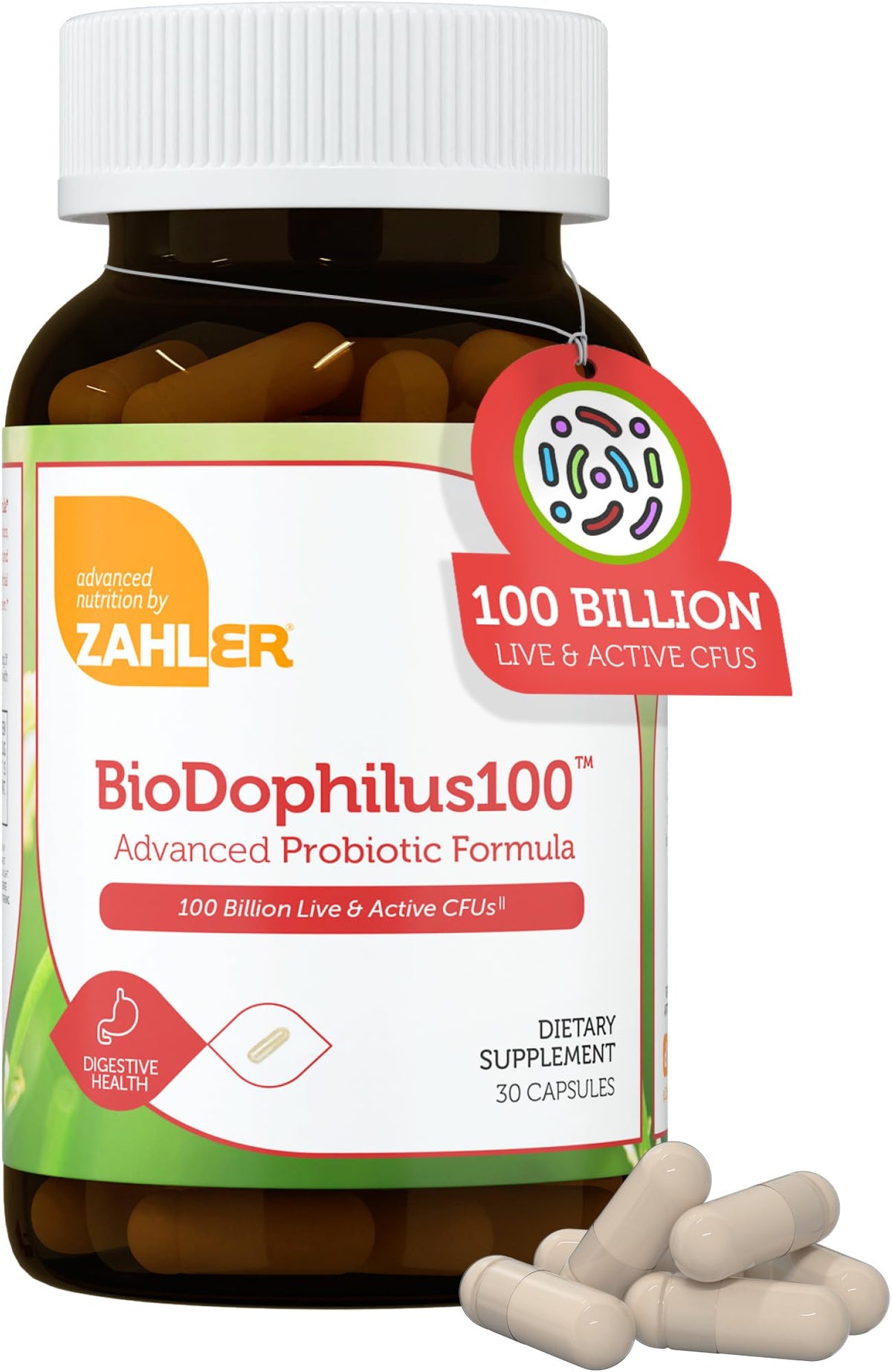 BioDophilus100 Zahler : bouteille montrant 100 milliards CFU pour équilibre digestif durable