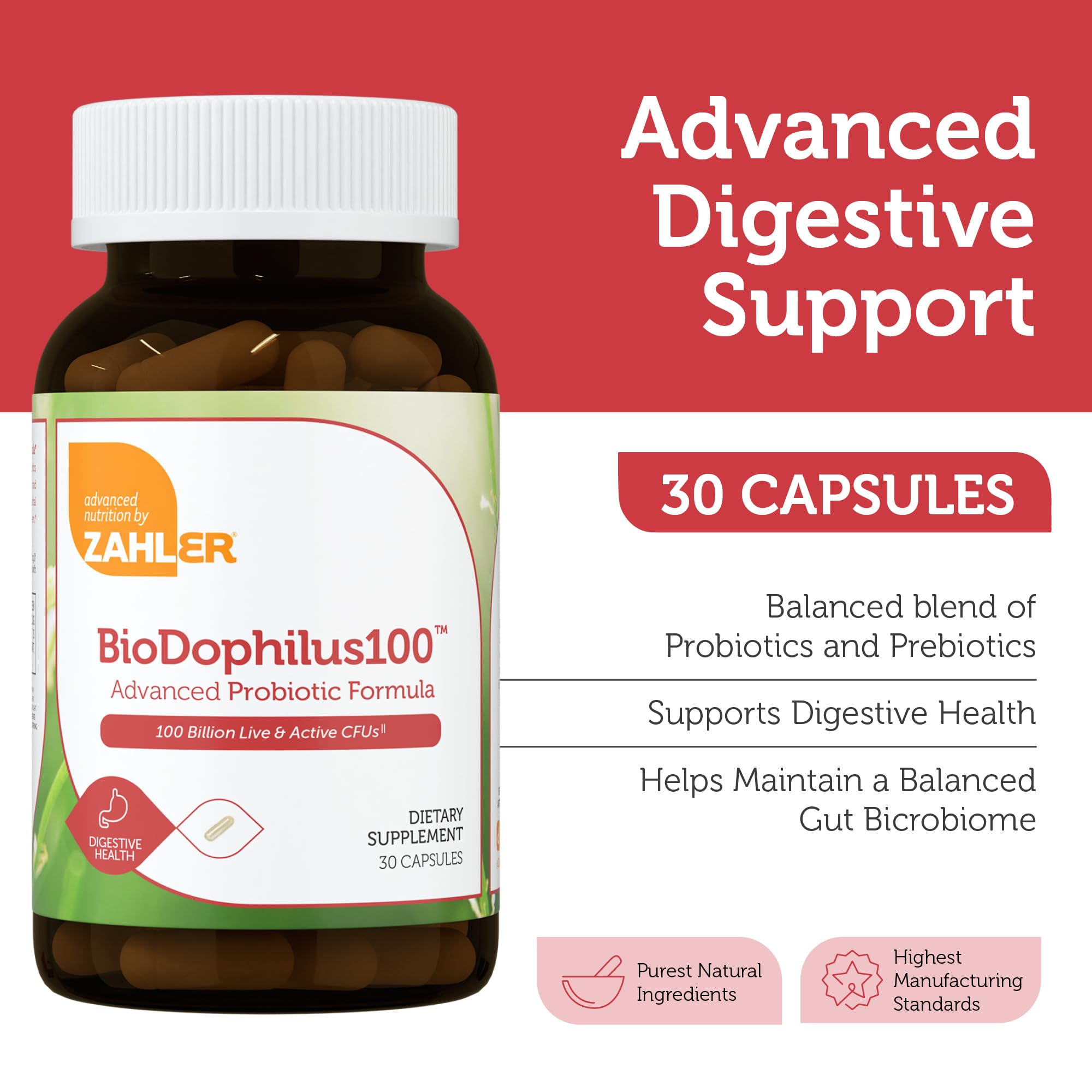 BioDophilus100 Zahler: capsules montrant 11 souches pour soutenir la flore intestinale
