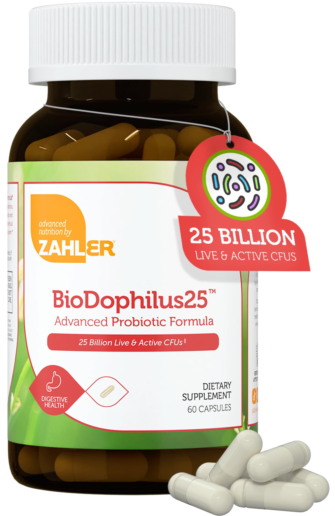 BioDophilus25 de Zahler, bouteille de 60 capsules, soutien digestif quotidien.